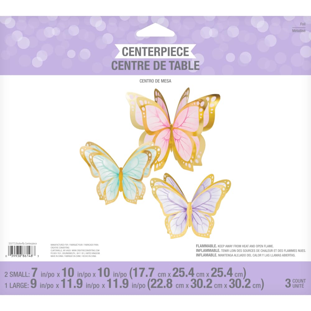 Creative Converting: Cp 3D 6/3Ct Butterfly Shimmer Foil Qs. Set 3 Centrotavola Farfalle. Grande 30X30 Cm + 2 Piccole 30 X 17 Cm;