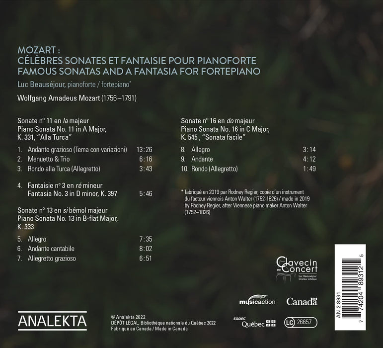 Luc Beausejour: Mozart Famous Sonatas And A Fantasia For Fortepiano;