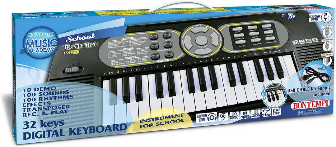 Bontempi 15 3220 Tastiera 32 Tasti Passo Medio, Adattatore Usb E Presa Per Cuffia (Cuffia Non Inclusa);