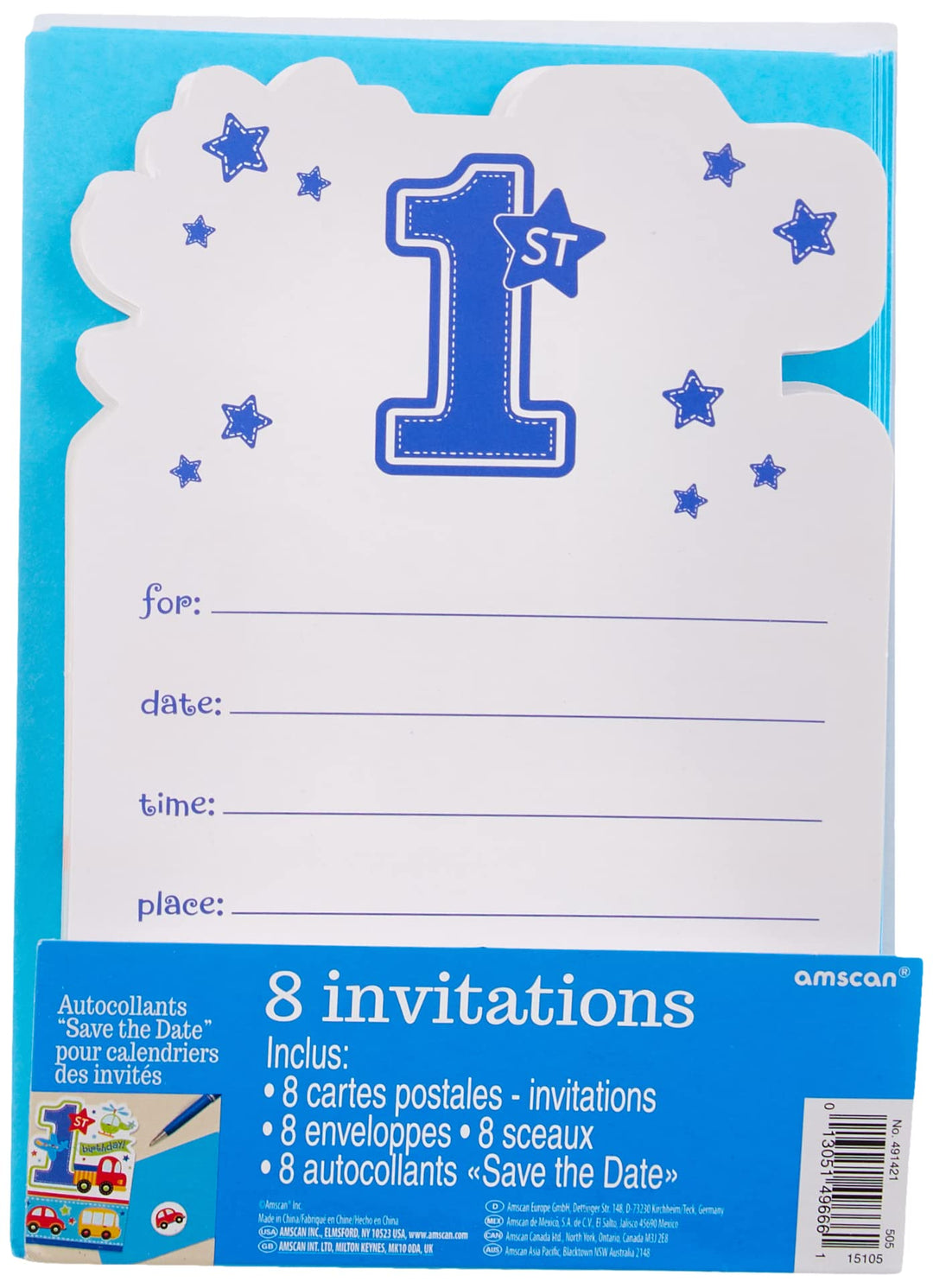 Amscan: Blue Birthday - 8 Invitations With Envelope;