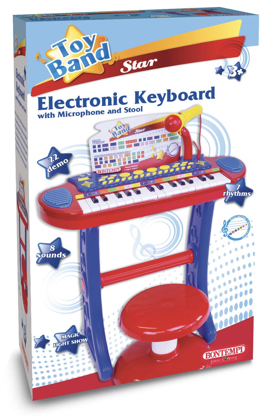 Bontempi 13 3240 - Toy Band Star - Tastiera Elettronica 31 Tasti Con Microfono Gambe E Sgabello. 4 Pads Per Suonare La Batteria,