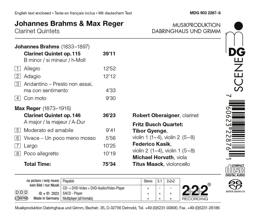 Johannes Brahms / Max Reger - Clarinet Quintets;