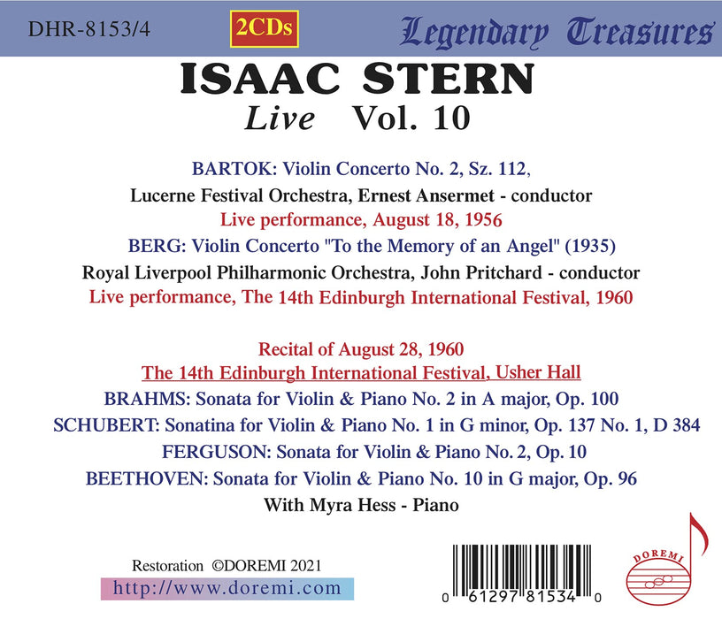 Isaac Stern: Live, Vol. 10 - Bartok , Berg (2 Cd);