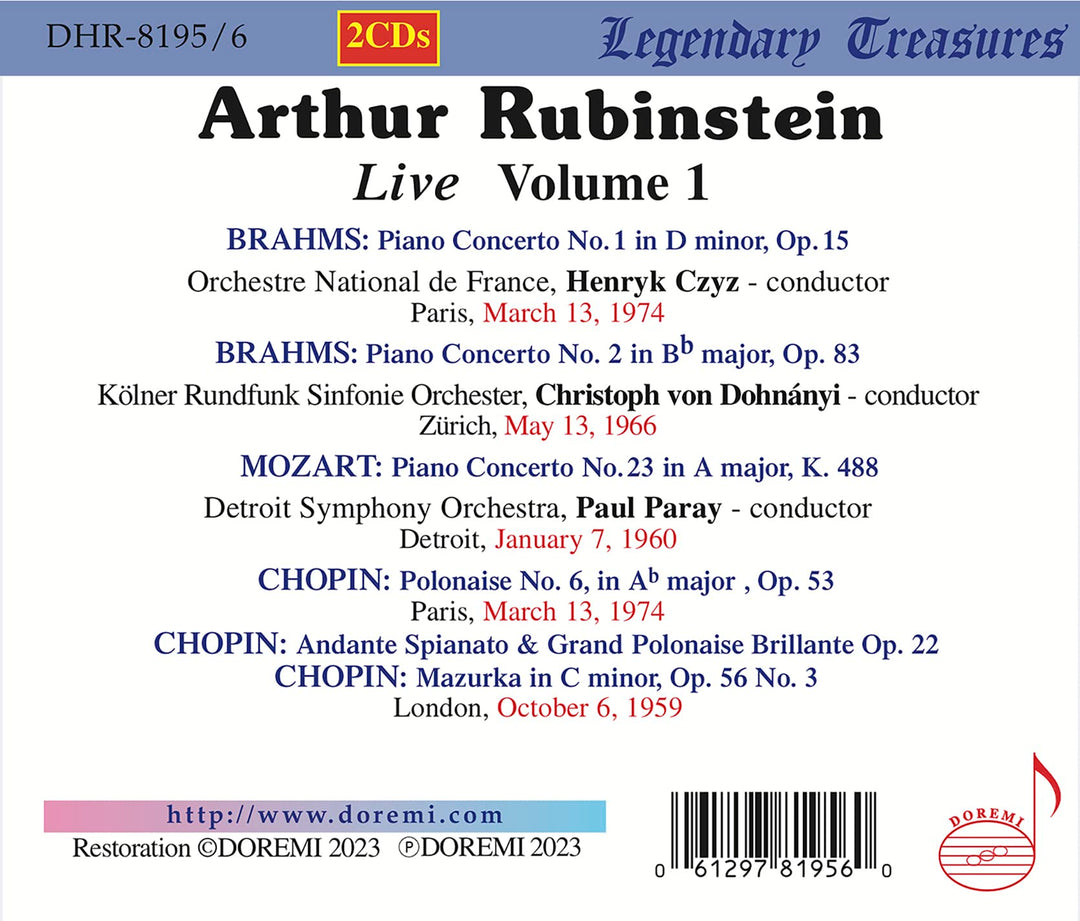 Arthur Rubinstein Live, Vol.1: Brahms, Mozart, Chopin (2 CDs);