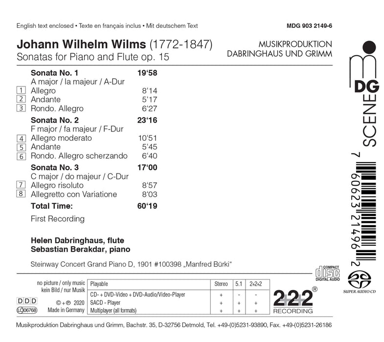 Johann Wilhelm Wilms - Sonatas For Piano and Flute Op. 15 Vol.1;