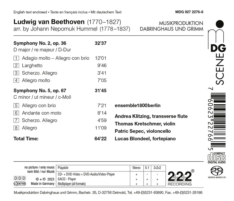 Ludwig Van Beethoven - Symphony 2 &amp; 5 Arr. By JN Hummel (Sacd);