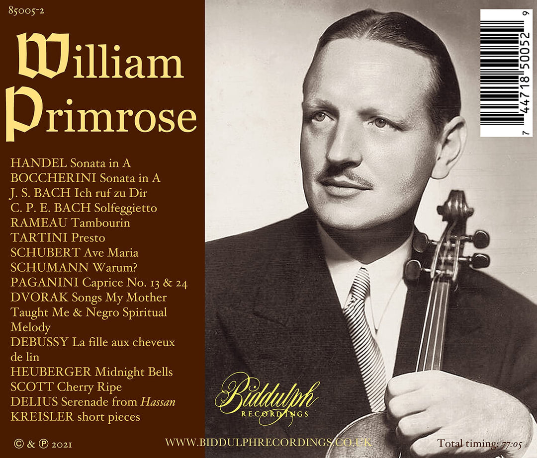 William Primrose: Plays Baroque Sonatas And Encore Pieces;