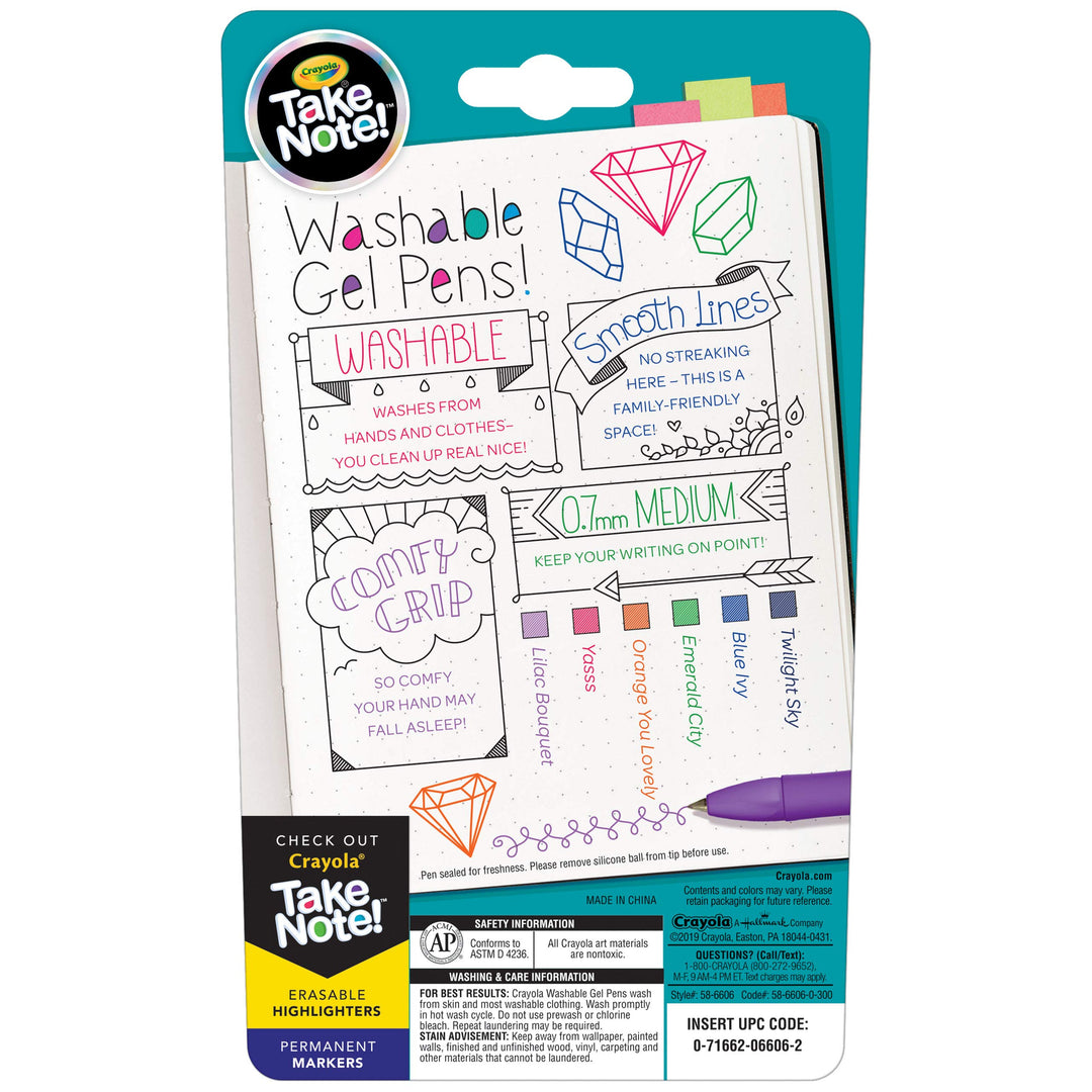 Crayola: Take Note! 6 Washable Gel Pens Precious Shades;