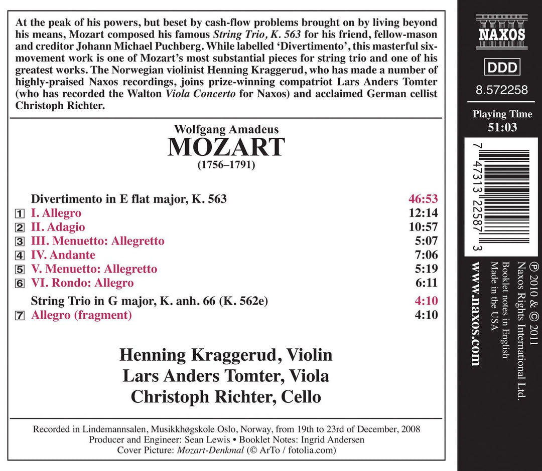 Wolfgang Amadeus Mozart - Divertimento K 563, Trio K Anh. 66 (k 562e);