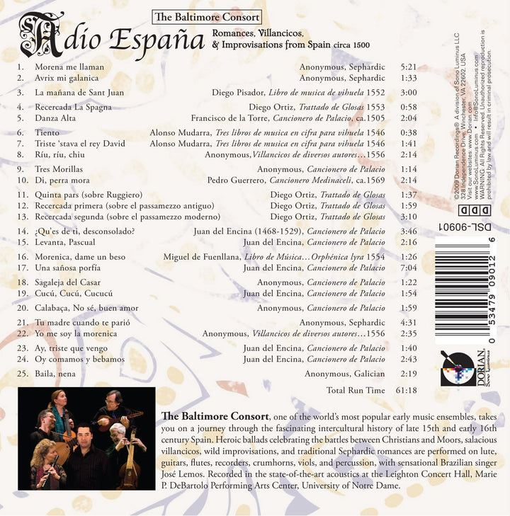 Baltimore Consort (The): Adio Espana - Romances, Villancicos & Improvisations From Spain, Circa 1500;