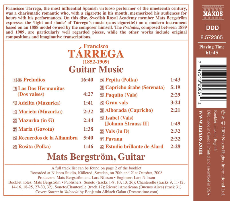 Francisco Tarrega - Guitar Music: Preludes, Recuerdos De La Alhambra, Rosita, Pepita, ...;