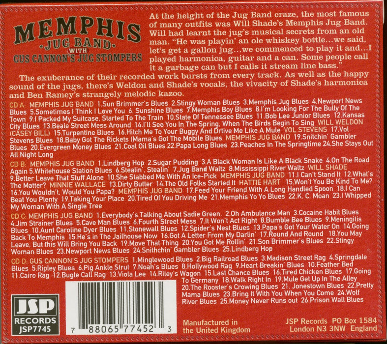 Memphis Jug Band - Memphis Jug Band With Gus Cannon's Jug Stompers (4 Cd);