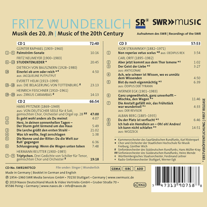 Fritz Wunderlich - Musik Des 20. Jahrhunderts (3 Cd);