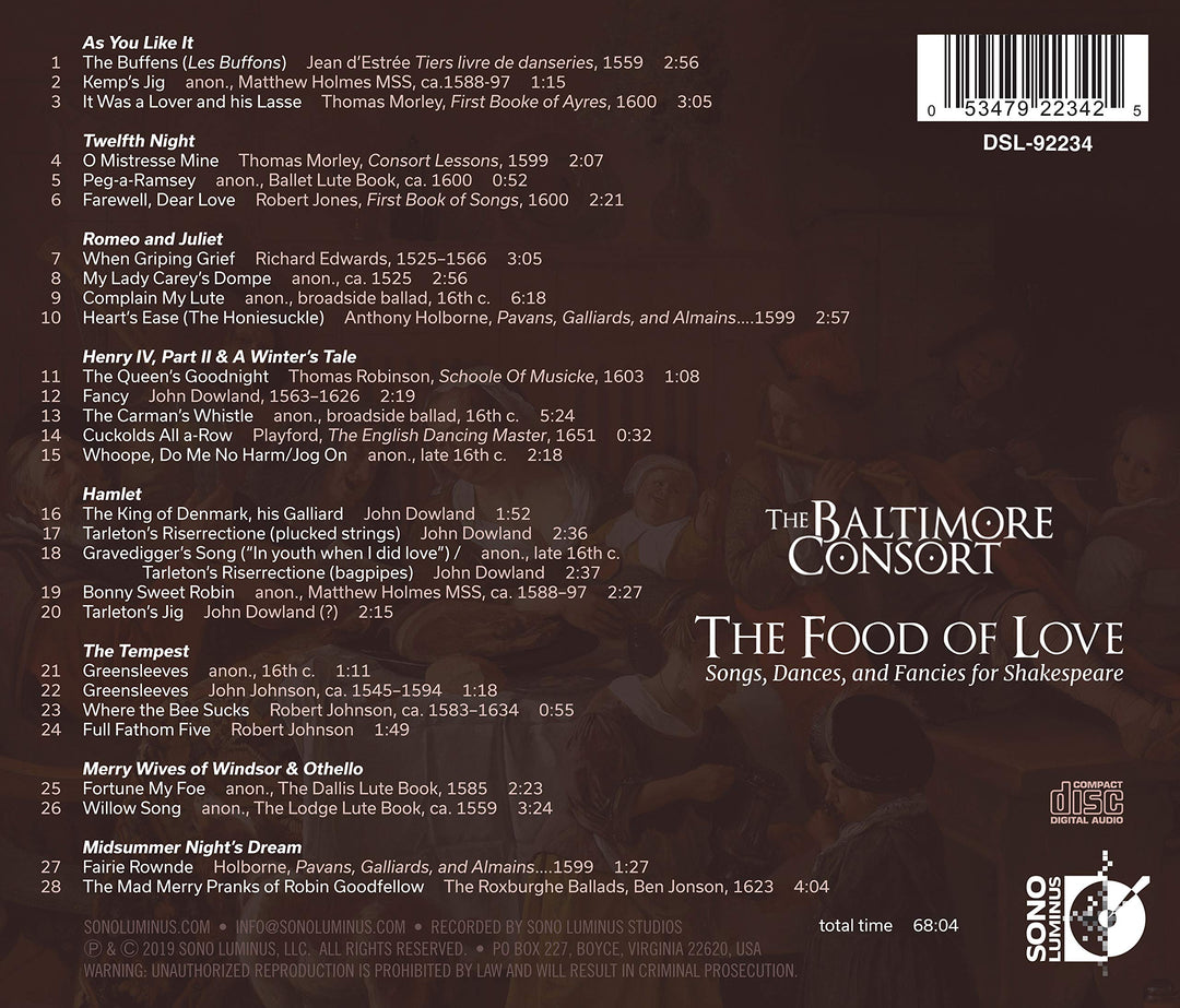 Ronn Mcfarlane / Baltimore Consort - Food Of Love (The): Songs, Dances And Fancies For Shakespeare;