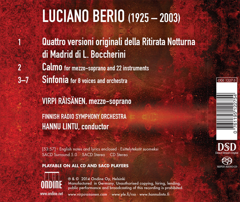 Luciano Berio - Opere Orchestrali: Sinfonia, Calmo, Ritirata Notturna Di Madrid - H.Lintu (Sacd);